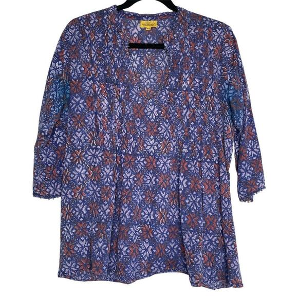 Roberta Roller Rabbit Blue Snowflake Pattern Beaded Trim V Neck Blouse XS - Picture 1 of 12